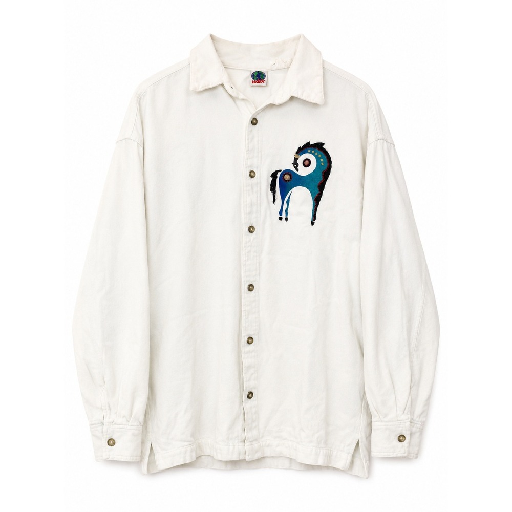 Vintage WEK White Denim Horse Embroidered Button Down Shirt Women Large USA Made